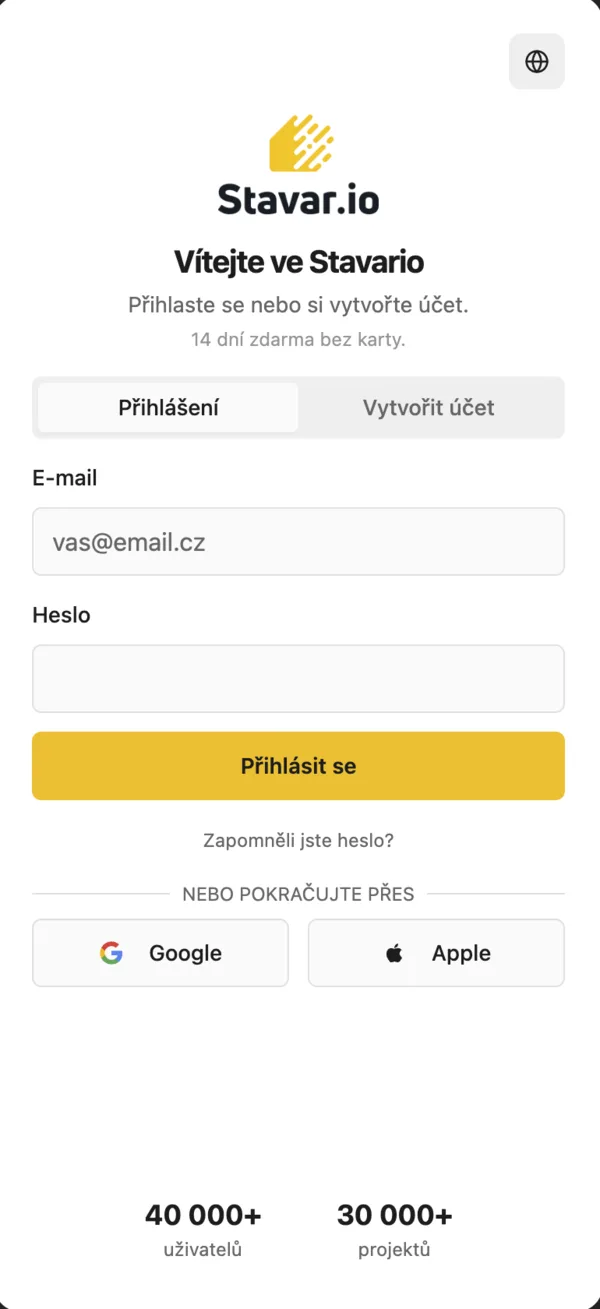 Stavario, přihlášení do aplikace