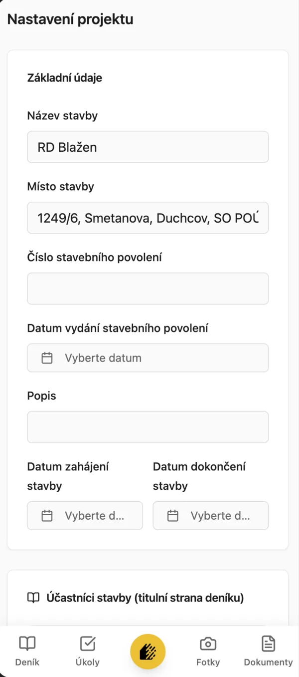 Stavario, nastavení projektu stavby