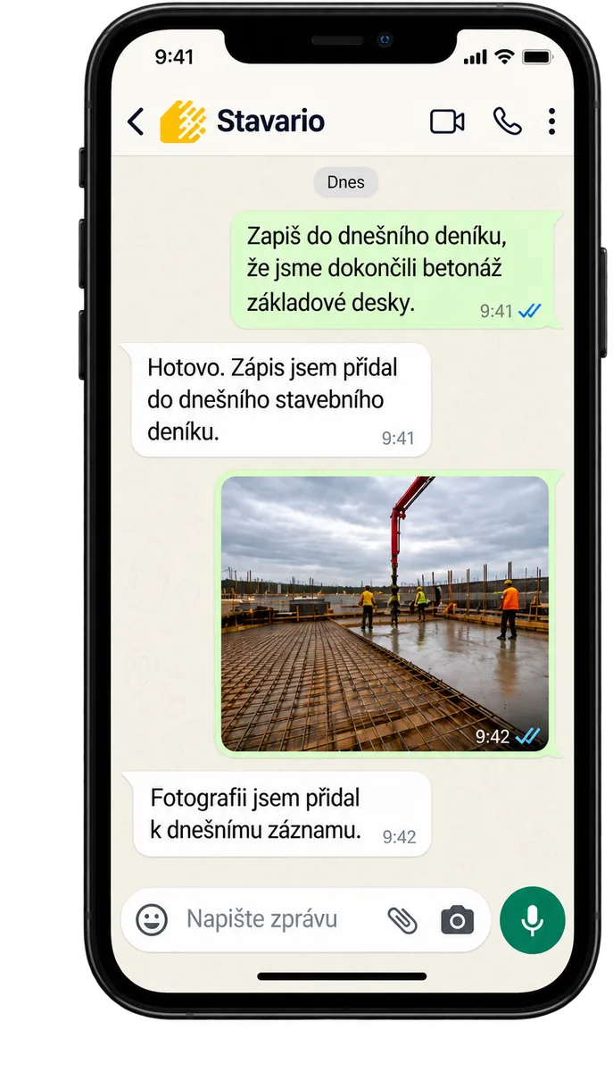 Stavario, WhatsApp konverzace se zápisem do stavebního deníku